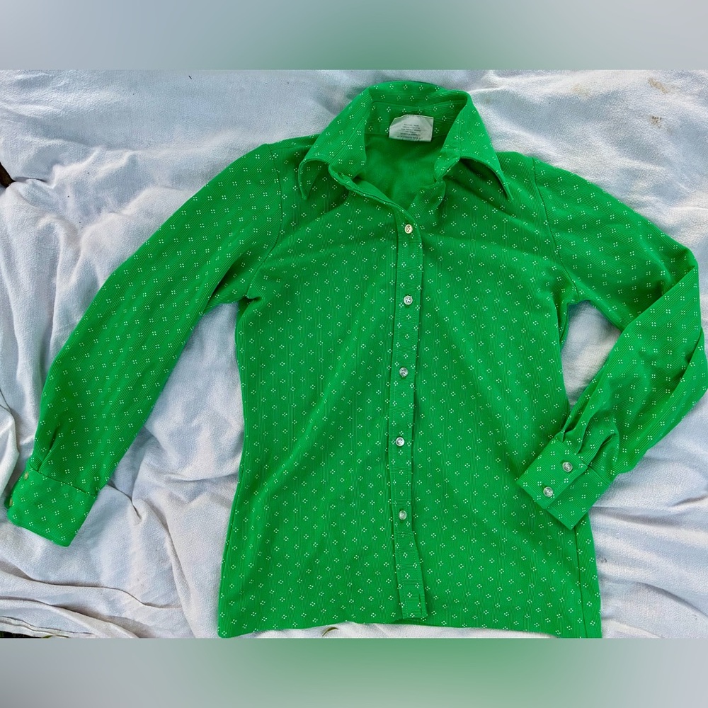 Vintage Koret of California Kelly Green 60’s 70’s Patterned Button-Up Shirt